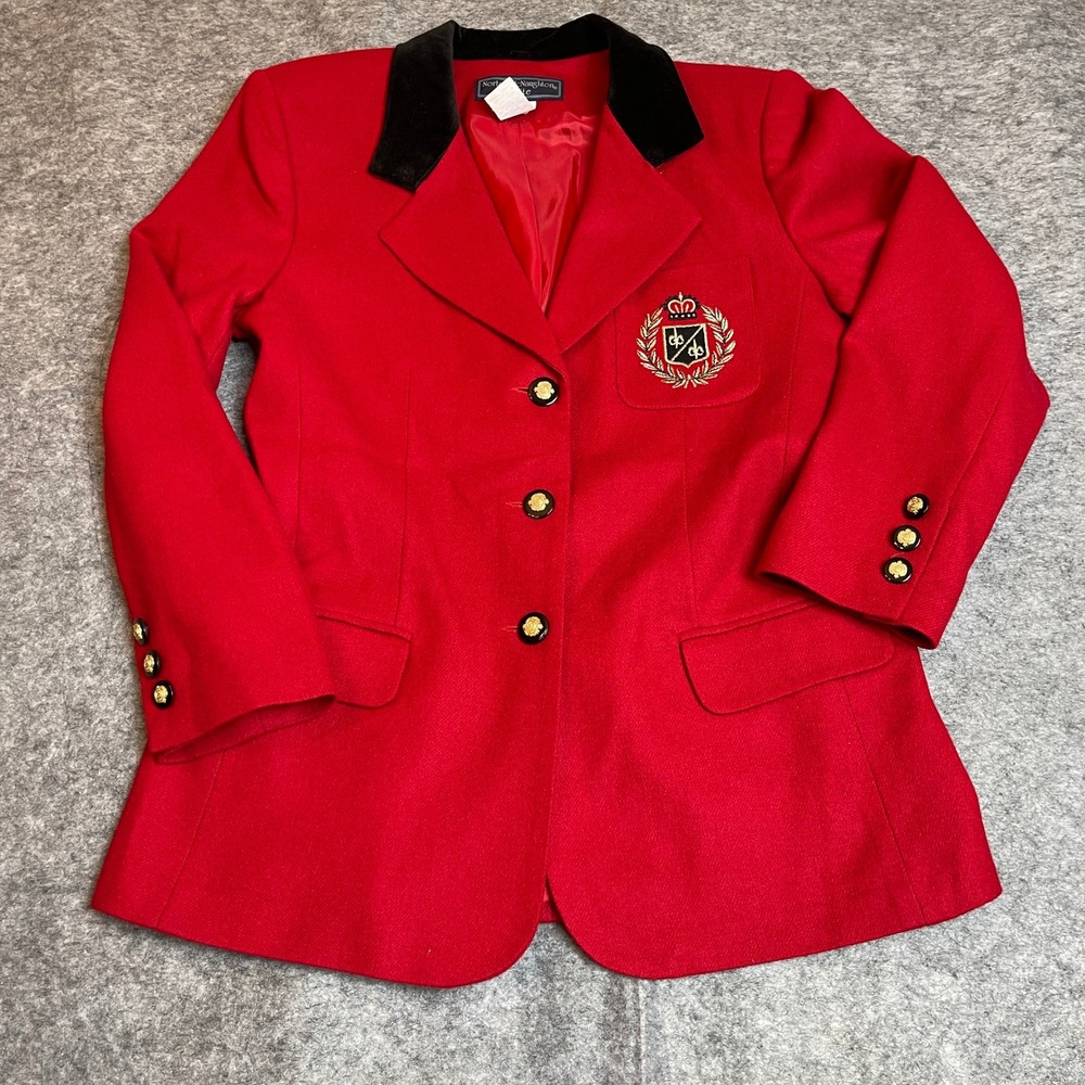 Norton McNaughton Petite Red Virgin Wool Blazer Velvet Collar Crest Button 10P